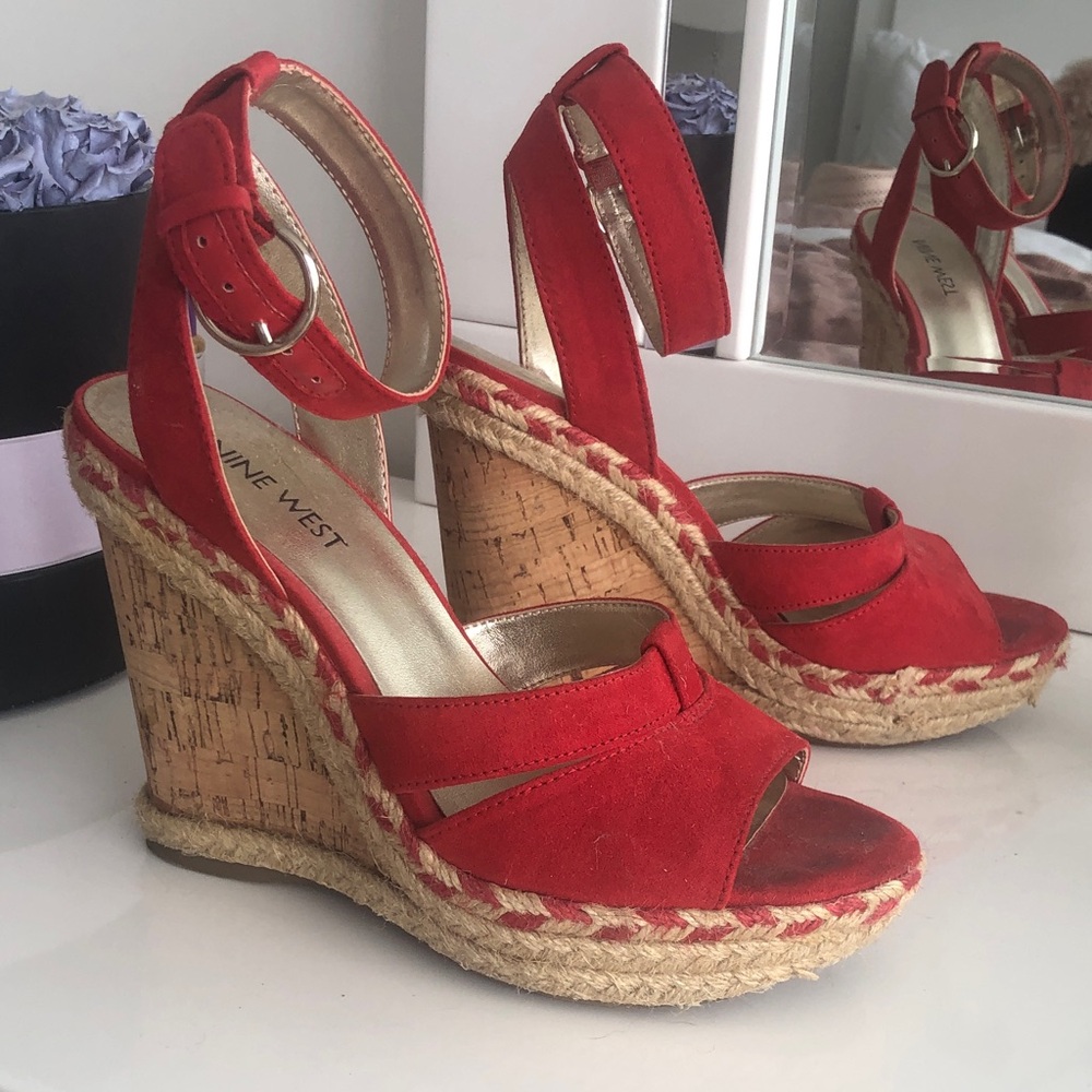 Nine West Red Suede Ankle-Strap Espadrille Wedge Sandals 6